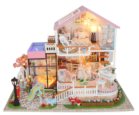 Miniature DIY Wooden Dollhouse Kit with Music Movement and LED and Dust Cover (L13846)