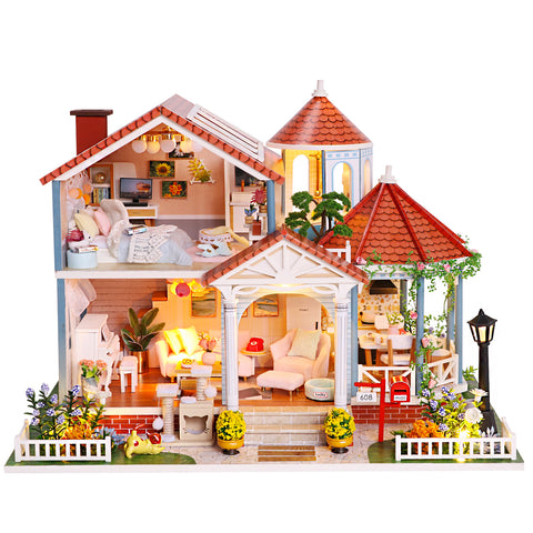 Miniature DIY Wooden Dollhouse Kit with Music Movement and LED and Dust Cover (L2001)
