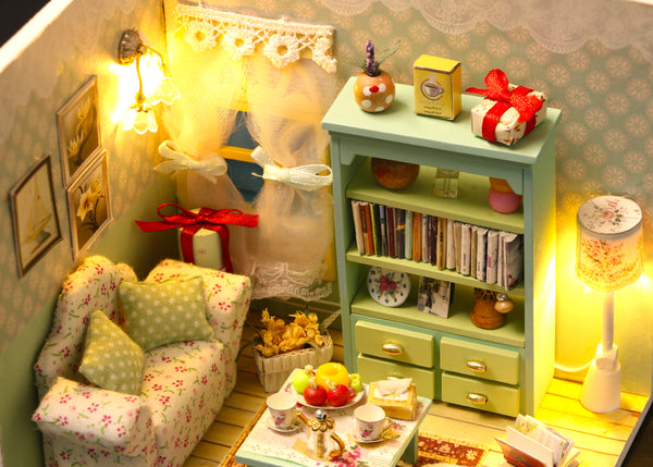 Miniature DIY Doll House Kit with Furniture and LED, Dust Cover. DIY Wooden House Kit (M012)