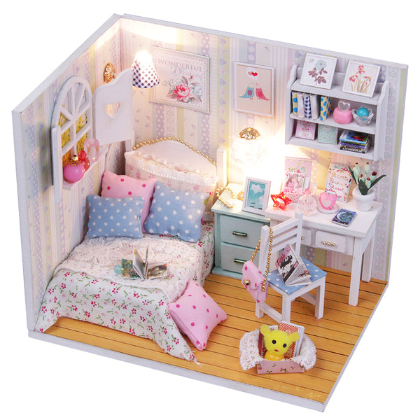 Miniature DIY Doll House Kit with Furniture and LED, Dust Cover. DIY Wooden House Kit (M013)
