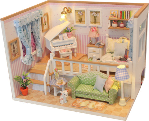 Miniature DIY Doll House Kit with Furniture and LED, Dust Cover. DIY Wooden House Kit (M026)